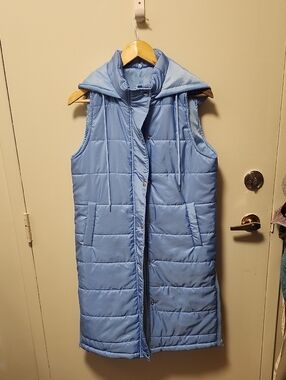 Source Unknown Light Blue Quilted Sleeveless Puffer Vest with Hood